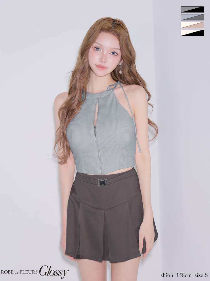 セットアップ リボン ノースリーブ バックルベルト リブ ジップデザイン フレアミニドレスのイメージ画像2