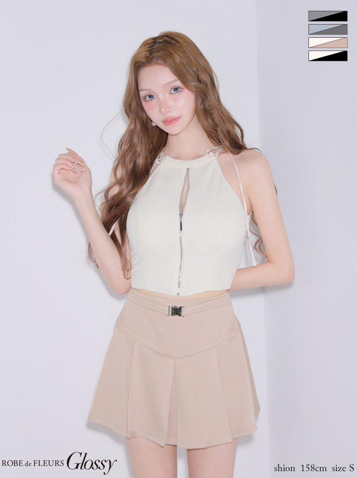 セットアップ リボン ノースリーブ バックルベルト リブ ジップデザイン フレアミニドレスのイメージ画像3