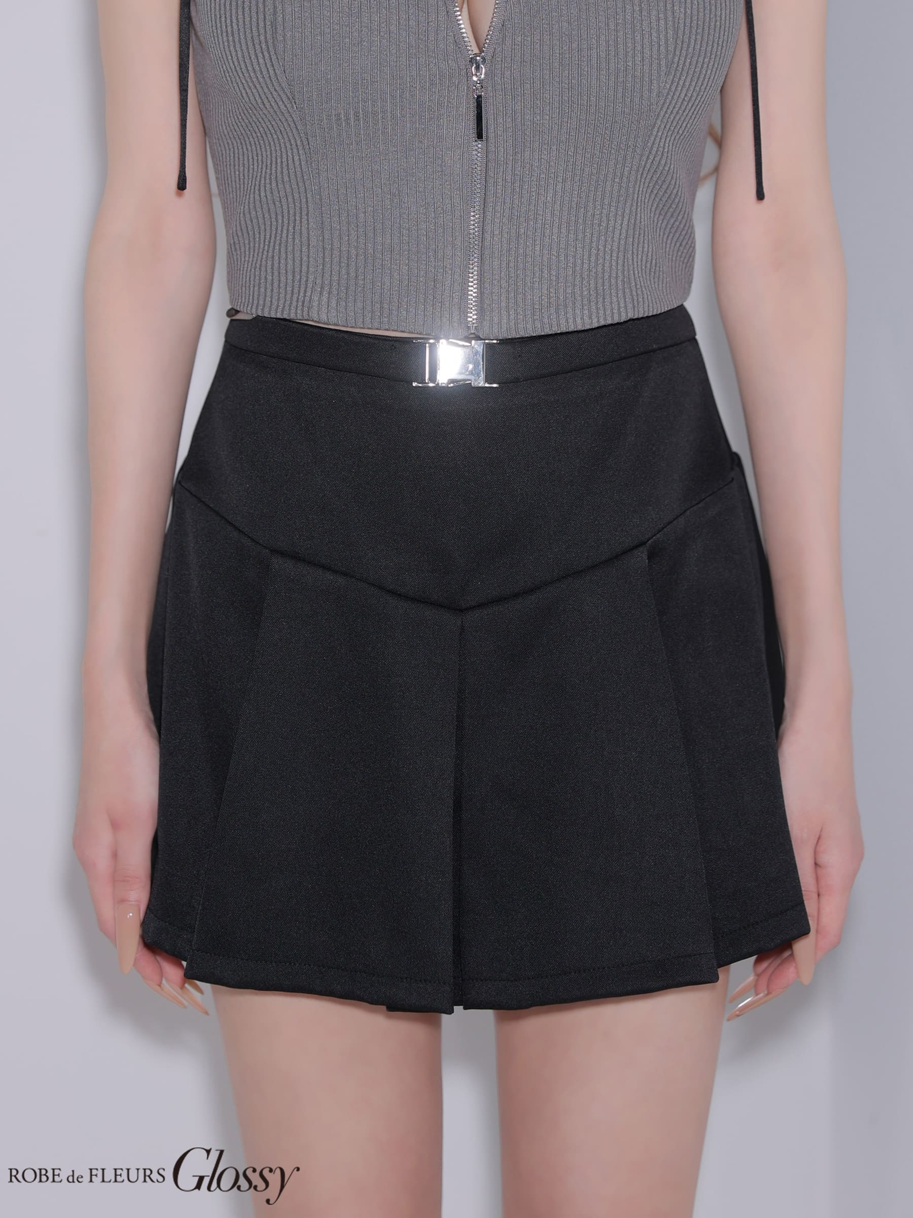 セットアップ リボン ノースリーブ バックルベルト リブ ジップデザイン フレアミニドレスのイメージ画像8