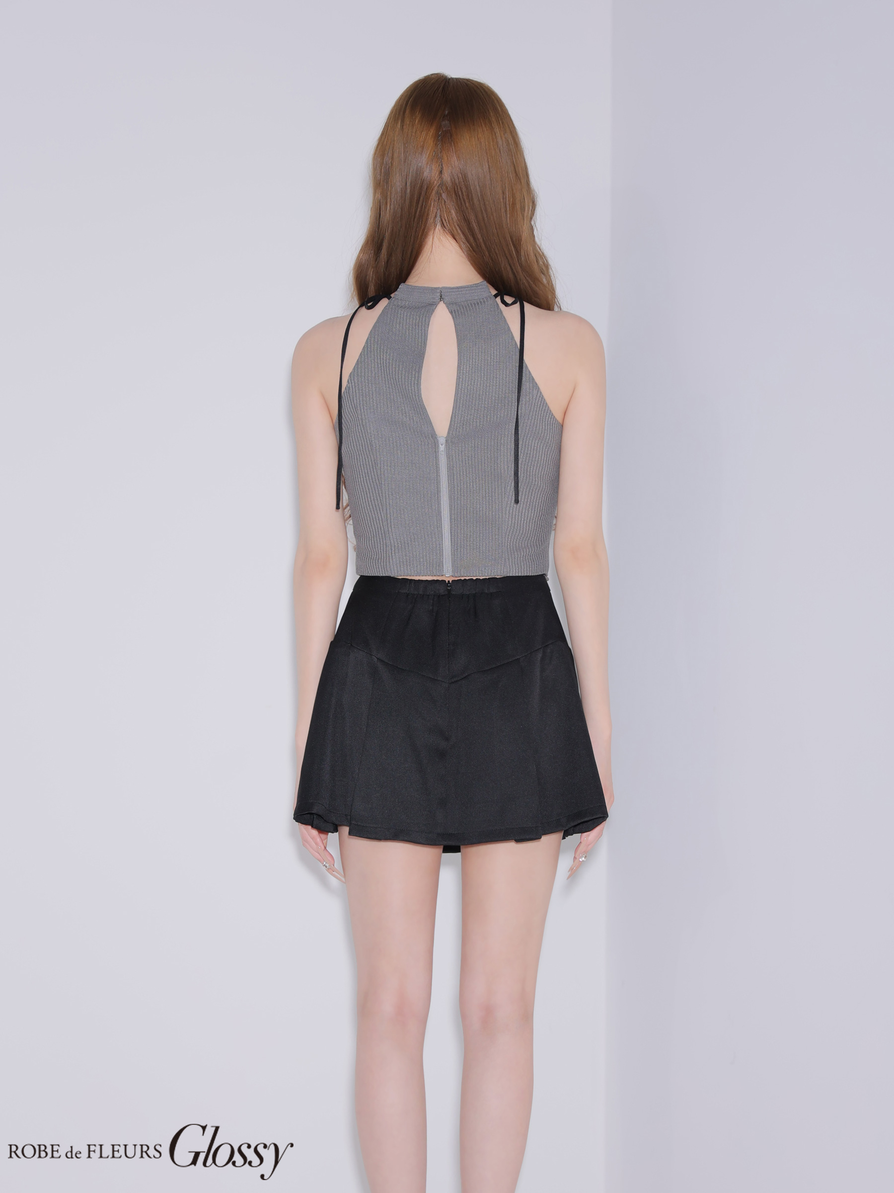 セットアップ リボン ノースリーブ バックルベルト リブ ジップデザイン フレアミニドレスのイメージ画像5