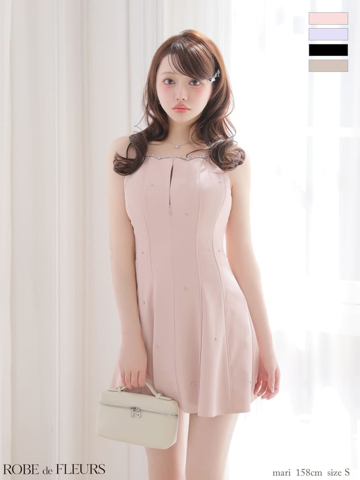 キャミソール ジップデザイン バックリボン ビジュー フレアミニドレスのイメージ画像1