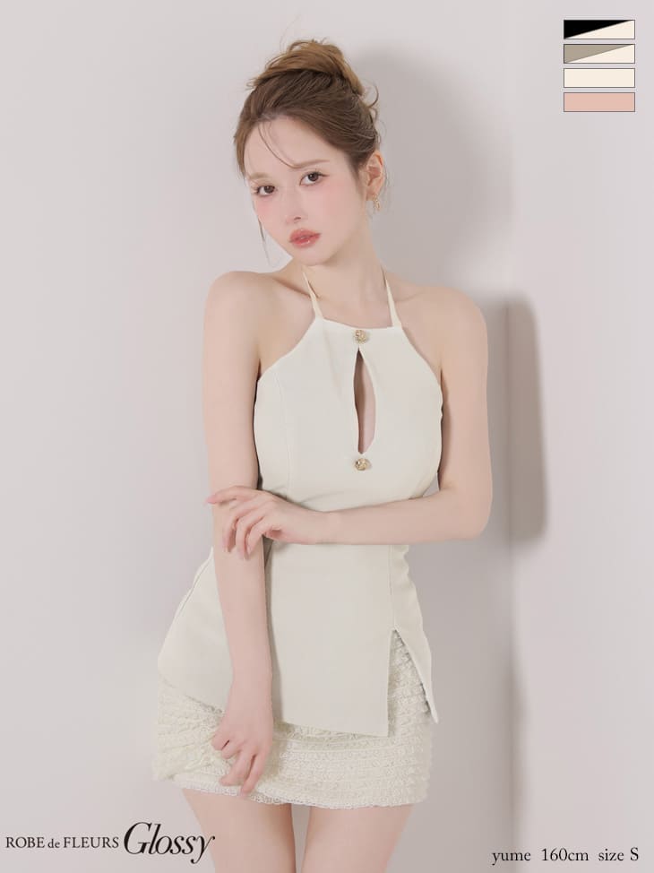 ホルターネック バストカット バックリボン ゴールドボタン レース リブ セットアップ タイトミニドレスのイメージ画像3