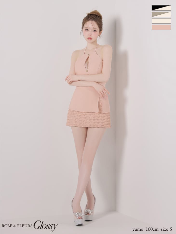 ホルターネック バストカット バックリボン ゴールドボタン レース リブ セットアップ タイトミニドレスのイメージ画像4