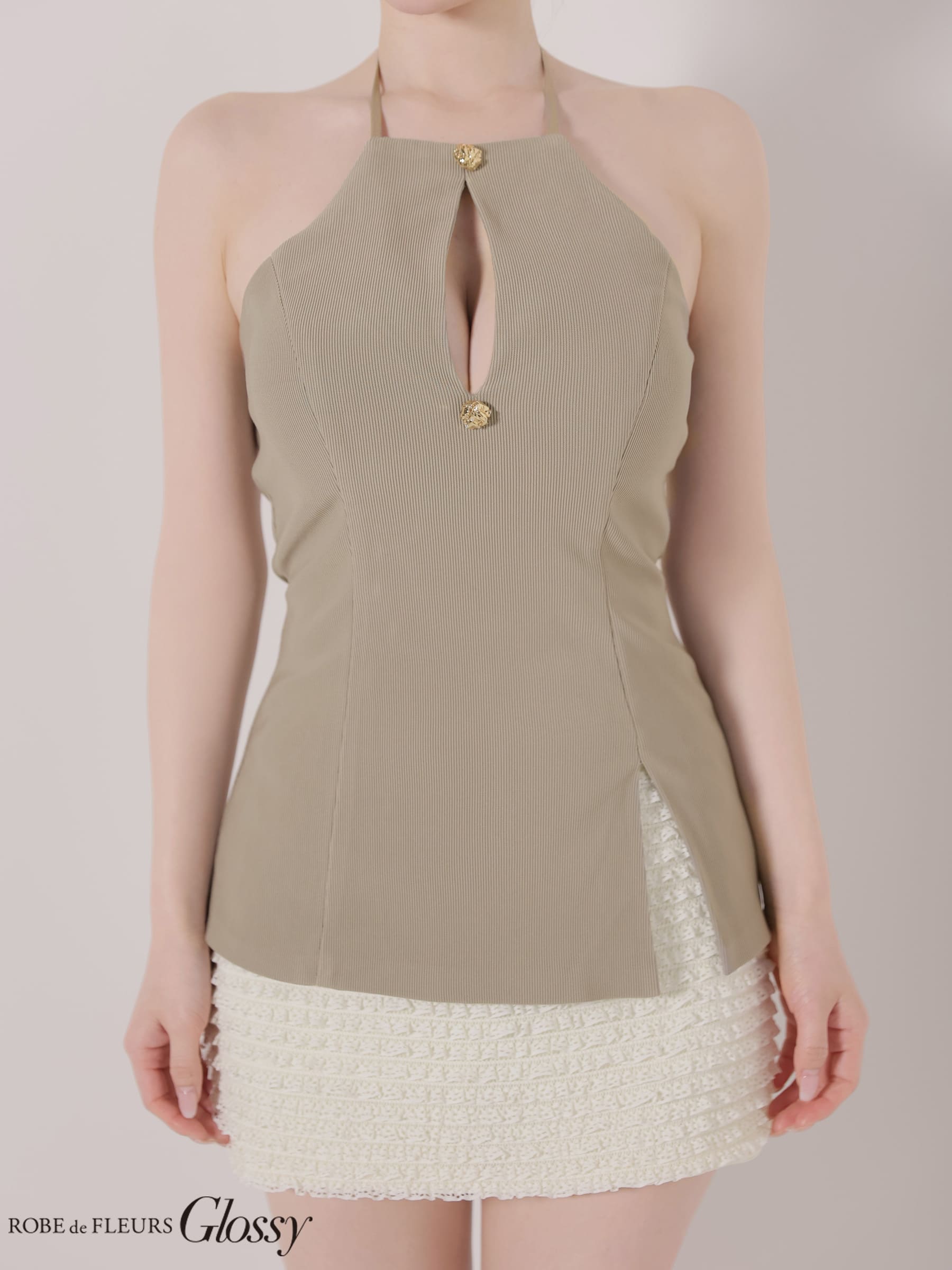 ホルターネック バストカット バックリボン ゴールドボタン レース リブ セットアップ タイトミニドレスのイメージ画像5