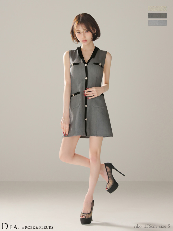 Vネック バイカラー ノースリーブ 襟付き ゴールドボタン 台形 フレアミニドレスのイメージ画像2