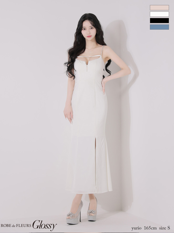 キャミソール チェーンショルダー コードデザイン バックシャン ジップデザイン ワンカラー サテン スリット マーメイドロングドレスのイメージ画像2