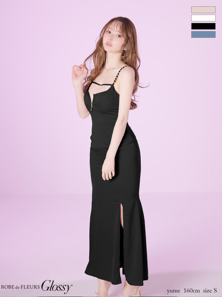 キャミソール チェーンショルダー コードデザイン バックシャン ジップデザイン ワンカラー サテン スリット マーメイドロングドレスのイメージ画像3