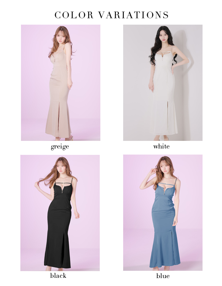 キャミソール チェーンショルダー コードデザイン バックシャン ジップデザイン ワンカラー サテン スリット マーメイドロングドレスのイメージ画像7