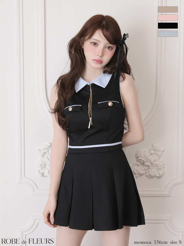 襟付き セットアップ ジップデザイン ボックスプリーツ ノースリーブ フレアミニドレスのイメージ画像3