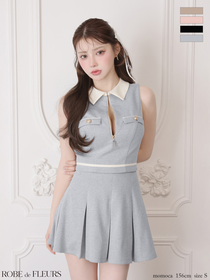 襟付き セットアップ ジップデザイン ボックスプリーツ ノースリーブ フレアミニドレスのイメージ画像3