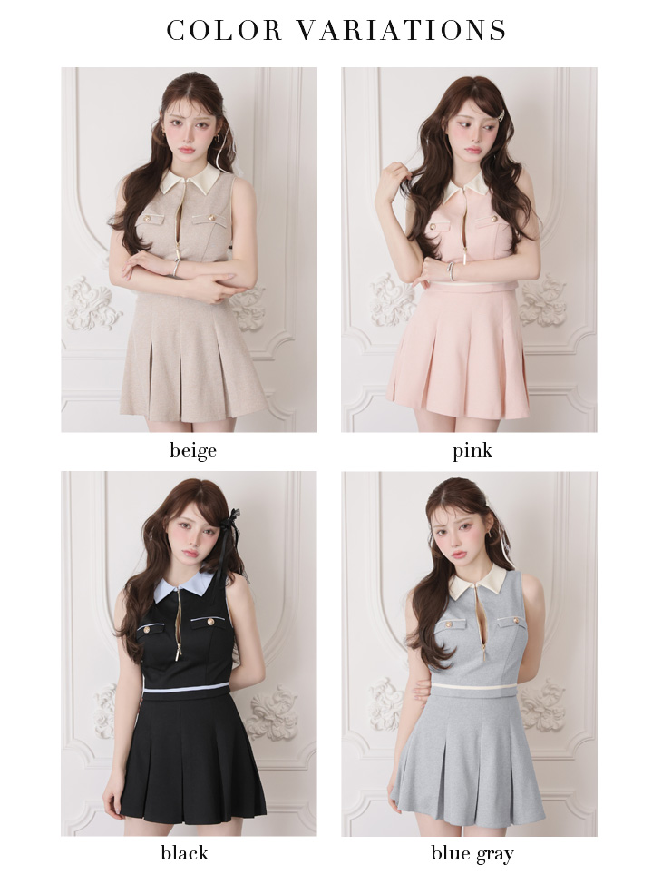 襟付き セットアップ ジップデザイン ボックスプリーツ ノースリーブ フレアミニドレスのイメージ画像6