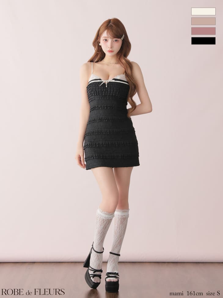 キャミソール バストリボン レース フリル バイカラー タイトミニドレスのイメージ画像4