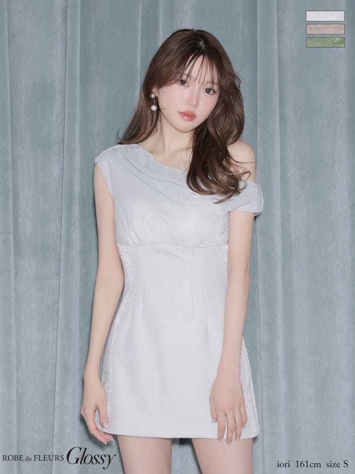 ワンショルダー ドレープ ラメニット ワンカラー タイトミニドレスのイメージ画像1