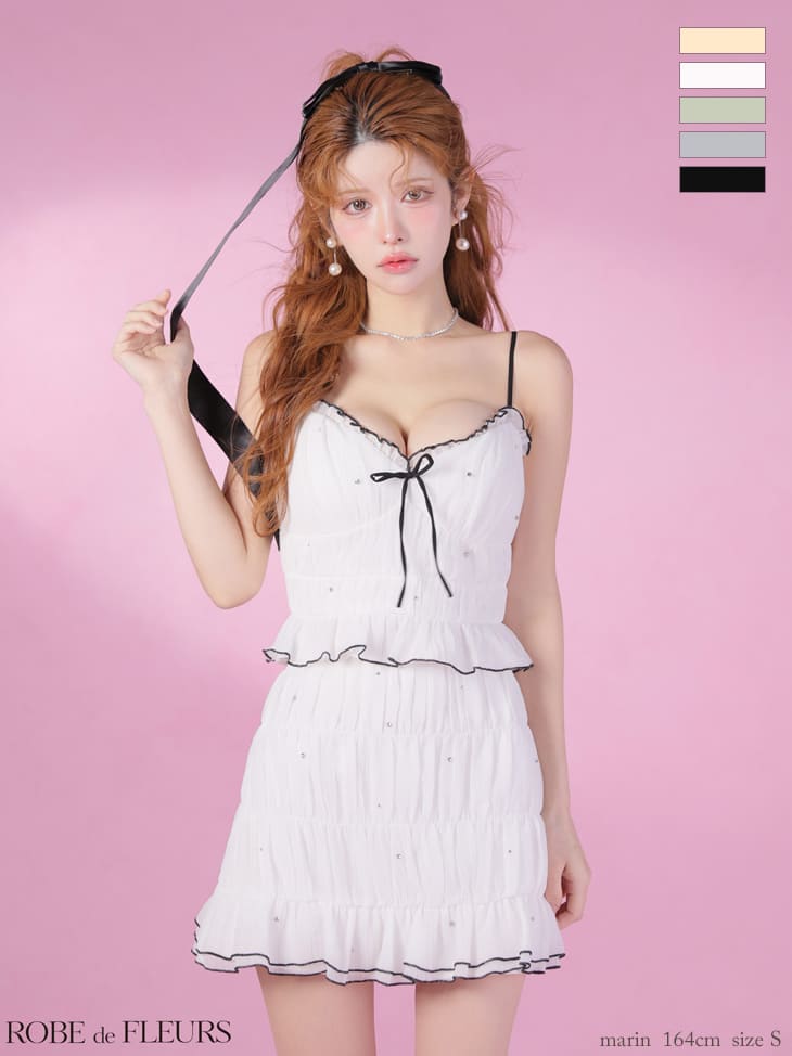 キャミソール リボン ビジュー ラメシフォン フリル セットアップ フレアミニドレスのイメージ画像2