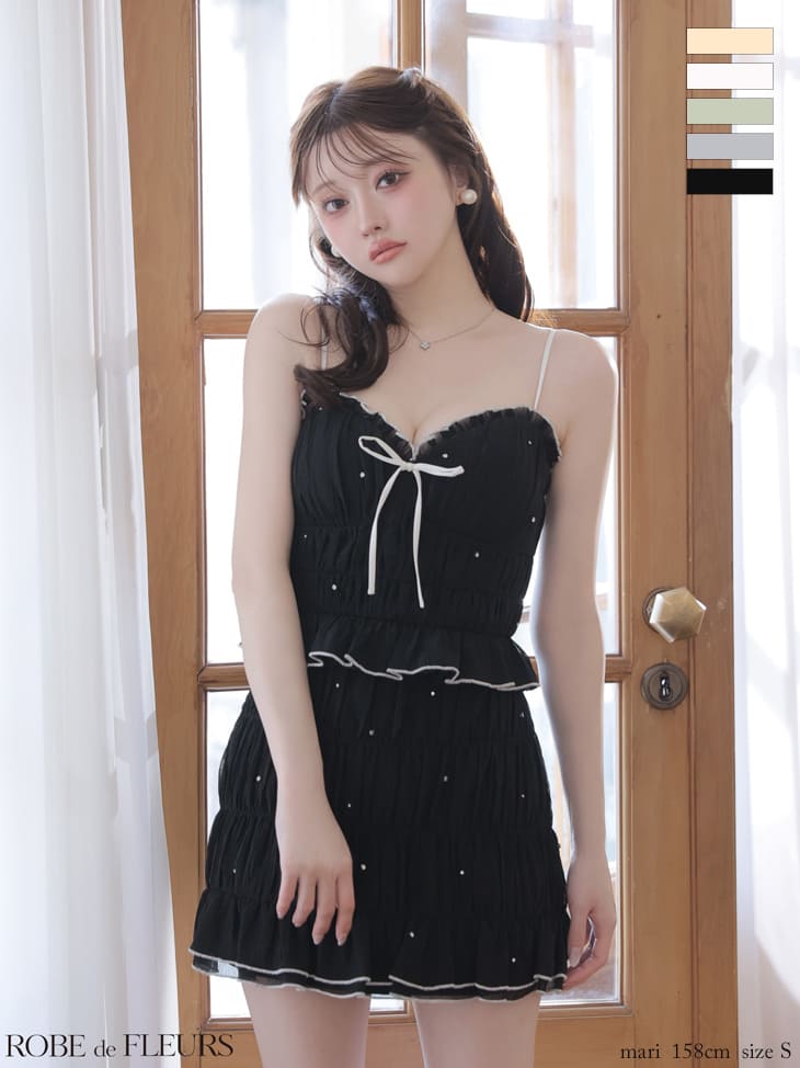 キャミソール リボン ビジュー ラメシフォン フリル セットアップ フレアミニドレスのイメージ画像5