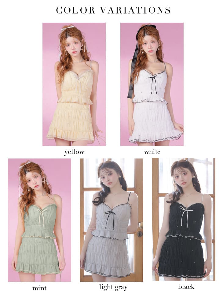 キャミソール リボン ビジュー ラメシフォン フリル セットアップ フレアミニドレスのイメージ画像7