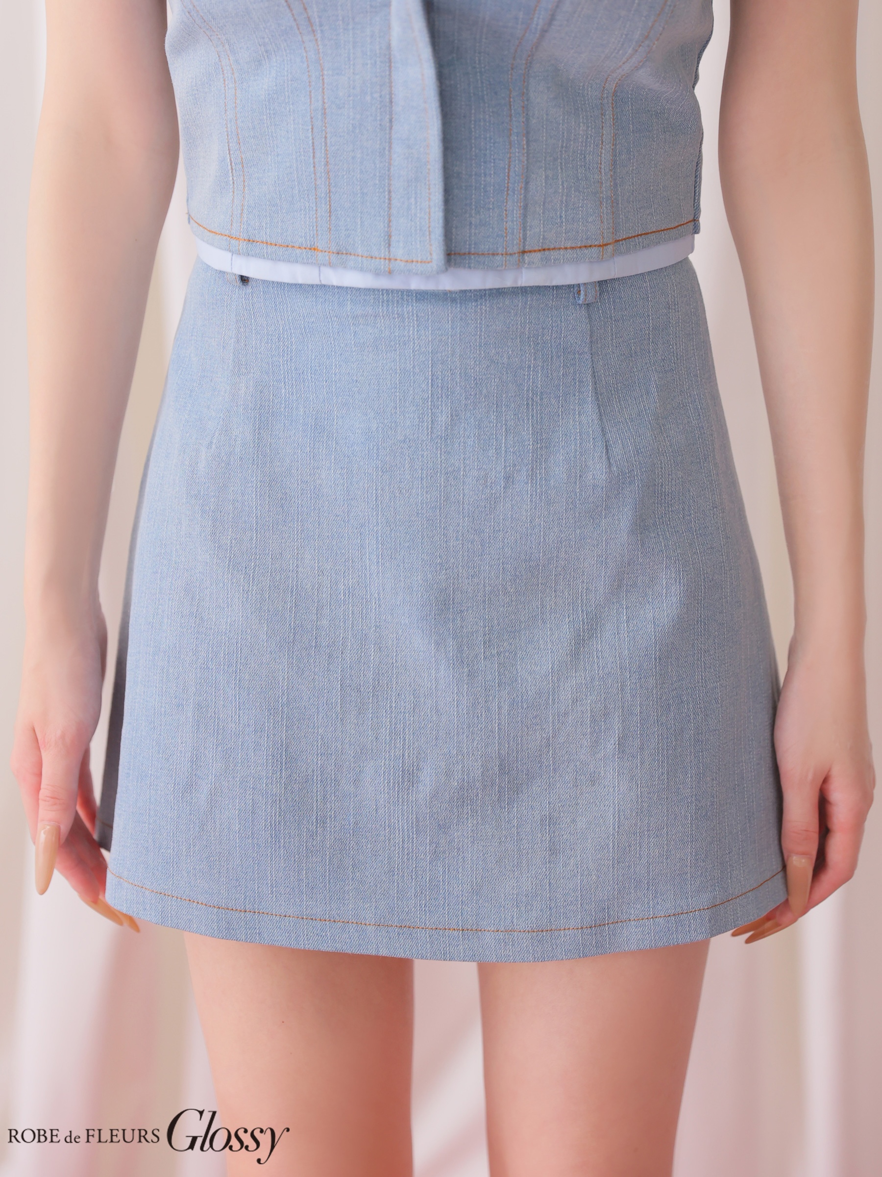 デニム セットアップ キャミソール 2way ベアトップ レイヤード風 タイトミニドレスのイメージ画像8