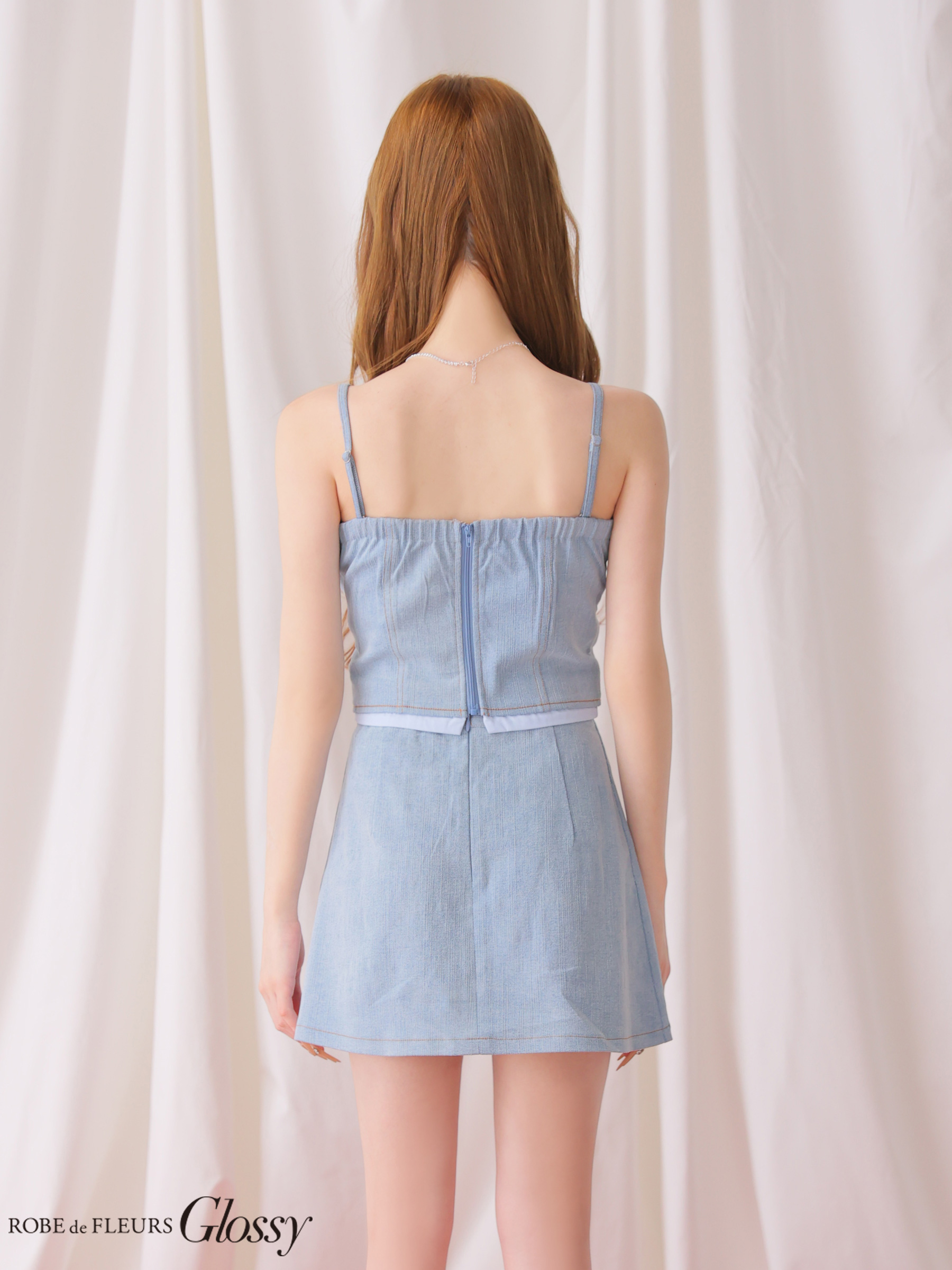 デニム セットアップ キャミソール 2way ベアトップ レイヤード風 タイトミニドレスのイメージ画像5