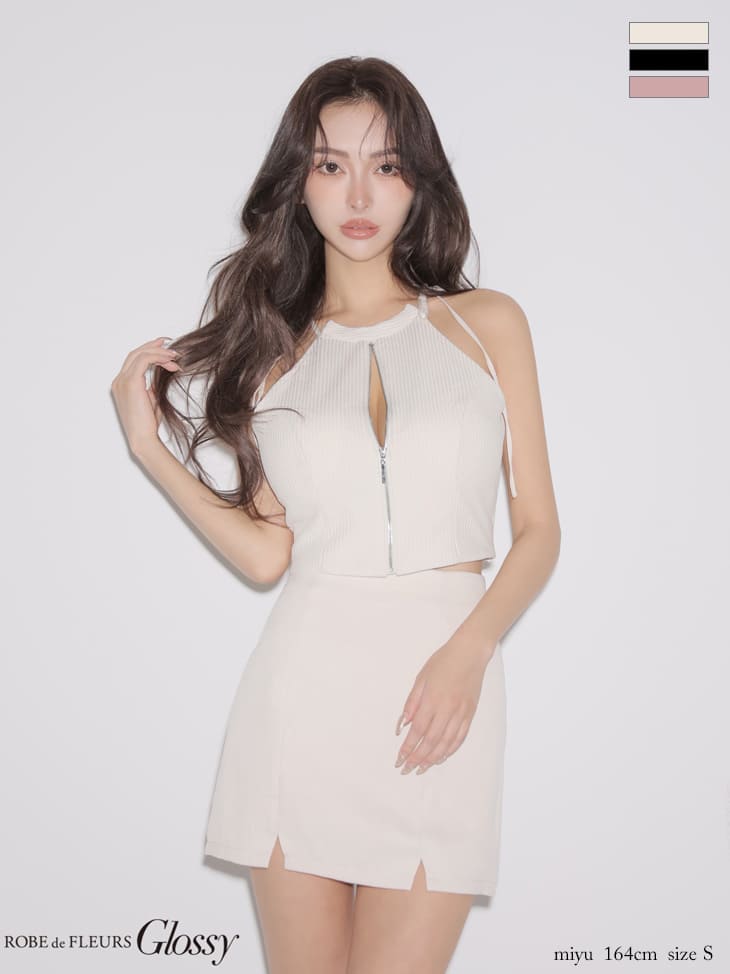 ノースリーブ ジップデザイン セットアップ ワンカラー タイトミニドレスのイメージ画像1