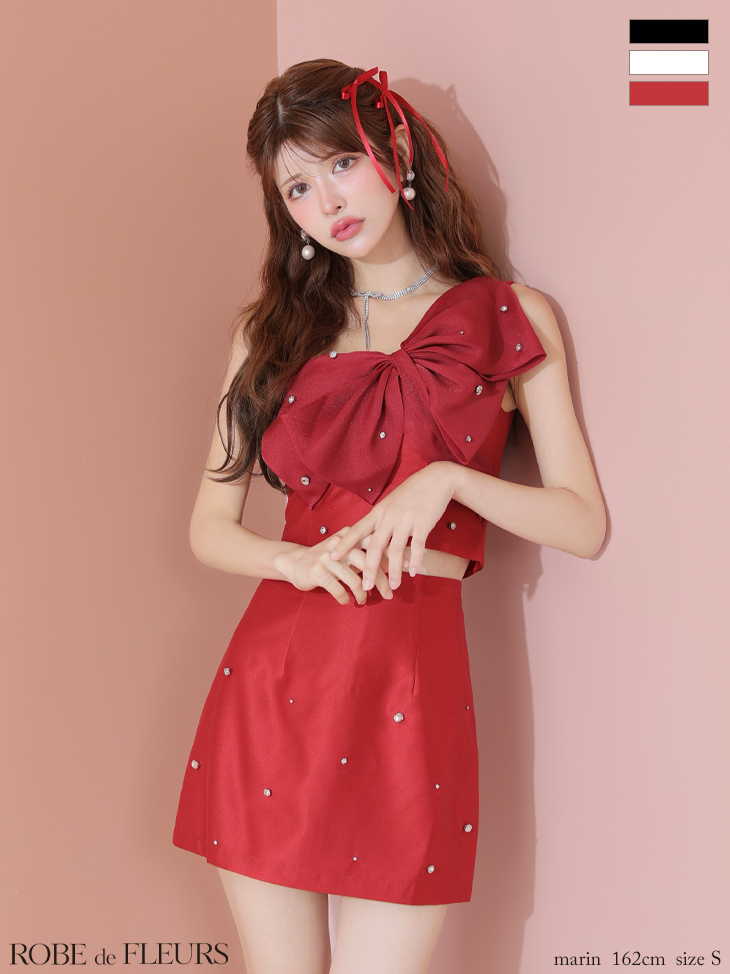 キャバドレス ROBEdeFLEURS ローブドフルール セットアップ ワンショルダー ビッグリボン オーガンジー ガーリー タイトミニドレスのイメージ画像3