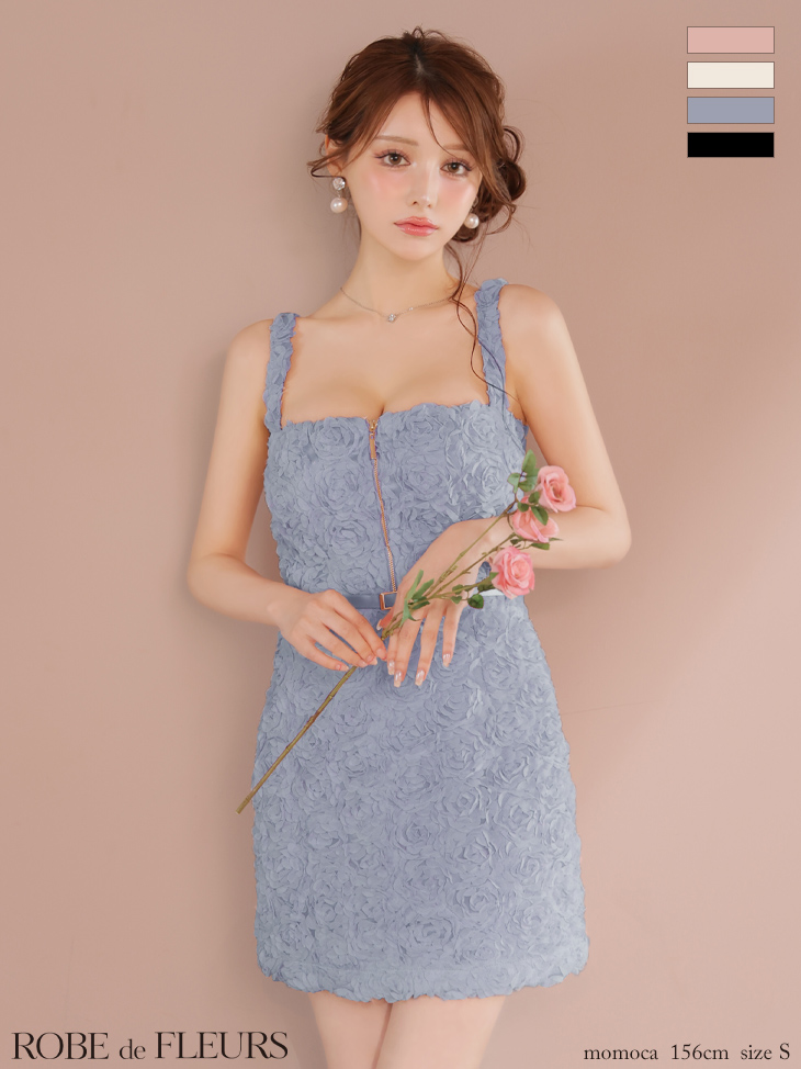 ノースリーブ ジップデザイン ローズレース サテン ガーリー タイトミニドレスのイメージ画像3