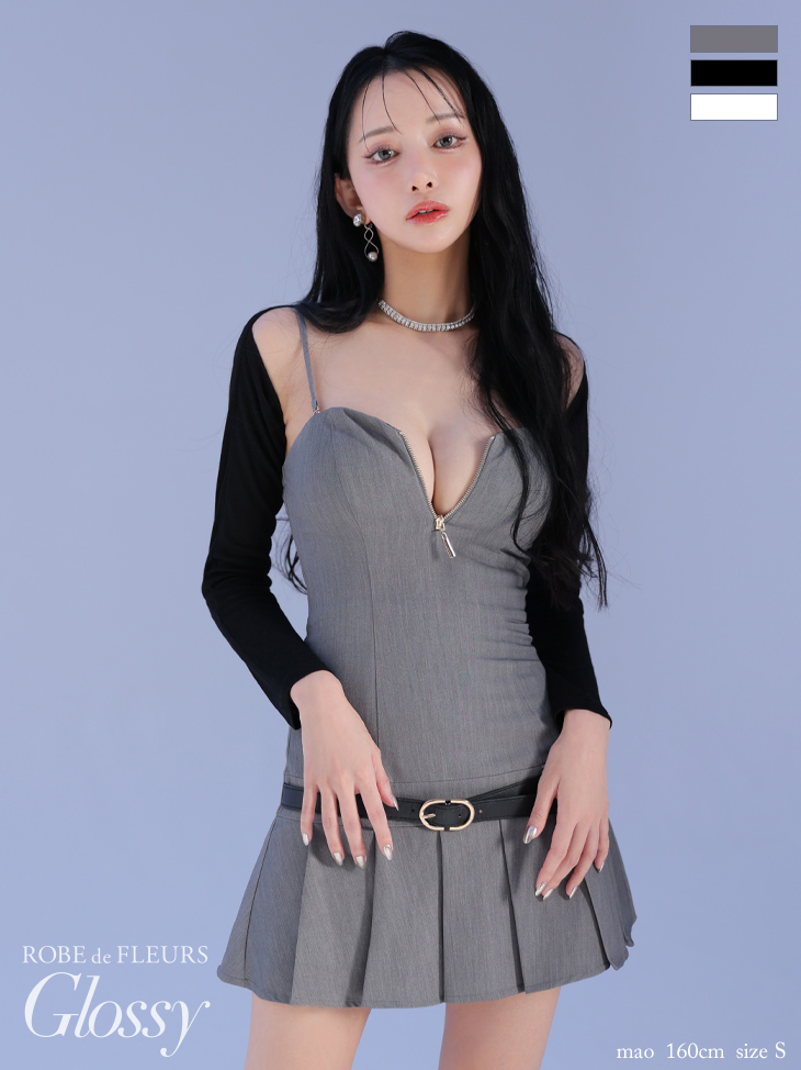 キャバドレス Glossy ROBE de FLEURS グロッシー ローブドフルール キャミソール 長袖 ボレロ付き ベルトデザイン ジップデザイン プリーツスカート シンプル フレアミニドレスのイメージ画像1