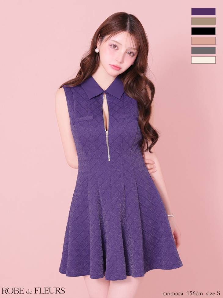 襟付き ノースリーブ ジップデザイン シンプル ラメ フレアミニドレスのイメージ画像6