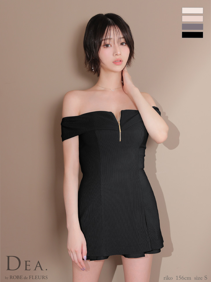 シンプル オフショルダー ジップデザイン セットアップ フレアミニドレスのイメージ画像3
