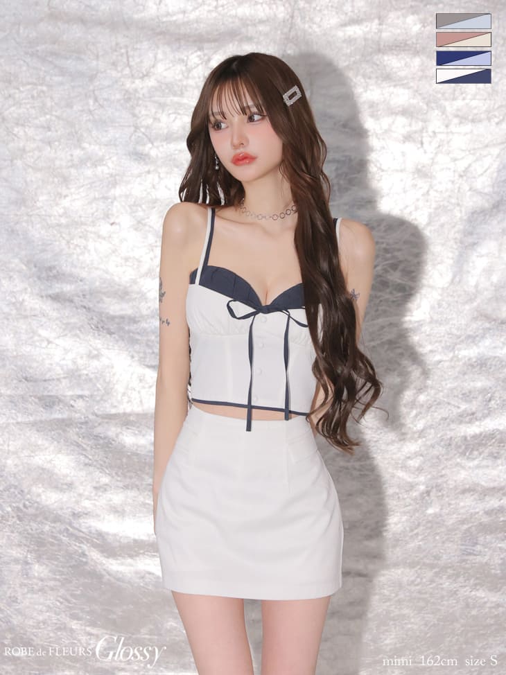 キャミソール リボン レイヤード セットアップ バイカラー タイトミニドレスのイメージ画像4