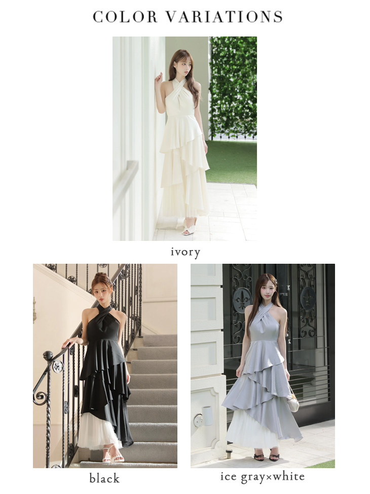 2way ホルターネック タック クロスデザイン バックリボン アシメントリー ティアード プリーツ Aラインロングドレスのイメージ画像4