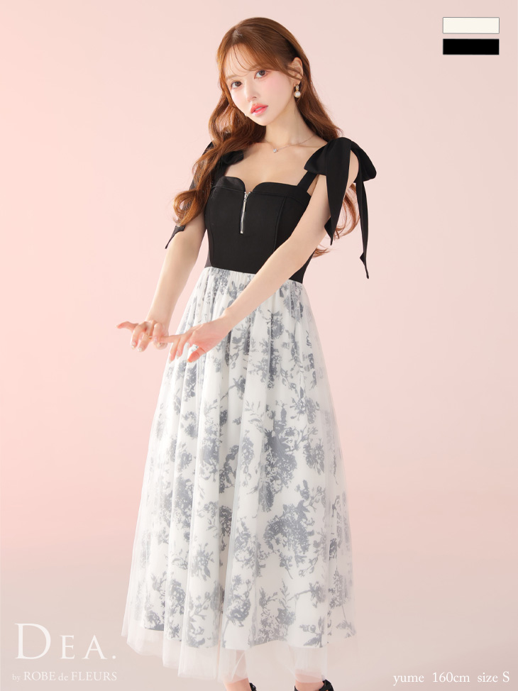 キャバドレス DEA. ROBE de FLEURS ディア ローブドフルール 花柄 チュール 肩リボン ジップデザイン ノースリーブ Aラインロングドレスのイメージ画像2