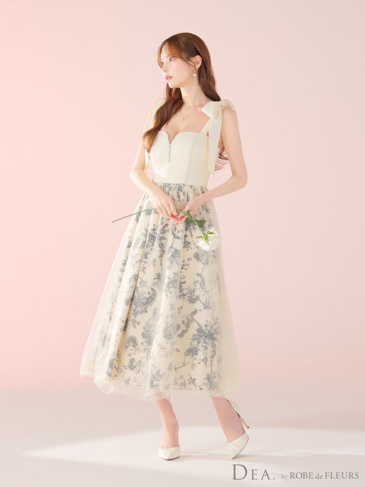 キャバドレス DEA. ROBE de FLEURS ディア ローブドフルール 花柄 チュール 肩リボン ジップデザイン ノースリーブ Aラインロングドレスのイメージ画像3