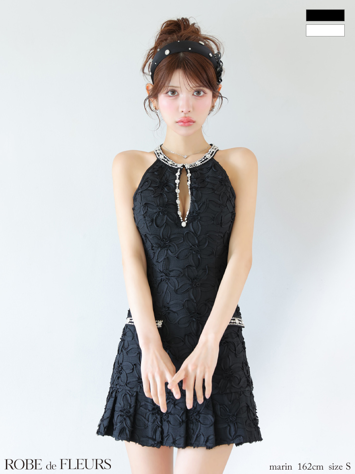 キャバドレス ROBEdeFLEURS ローブドフルール ホルターネック フラワージャガード プリーツ ガーリー フレアミニドレスのイメージ画像1