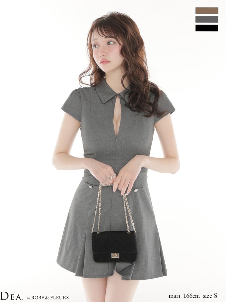 襟付き ジップデザイン 半袖 ウエストボタン ラメツイル プリーツスカート フレアミニドレスのイメージ画像2