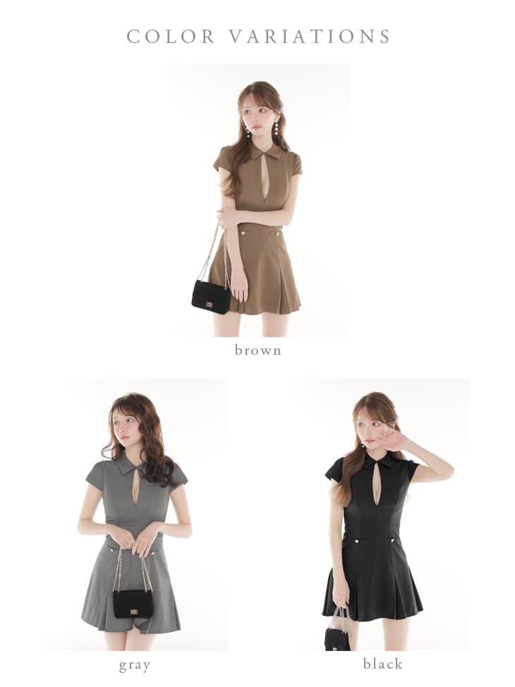 襟付き ジップデザイン 半袖 ウエストボタン ラメツイル プリーツスカート フレアミニドレスのイメージ画像5