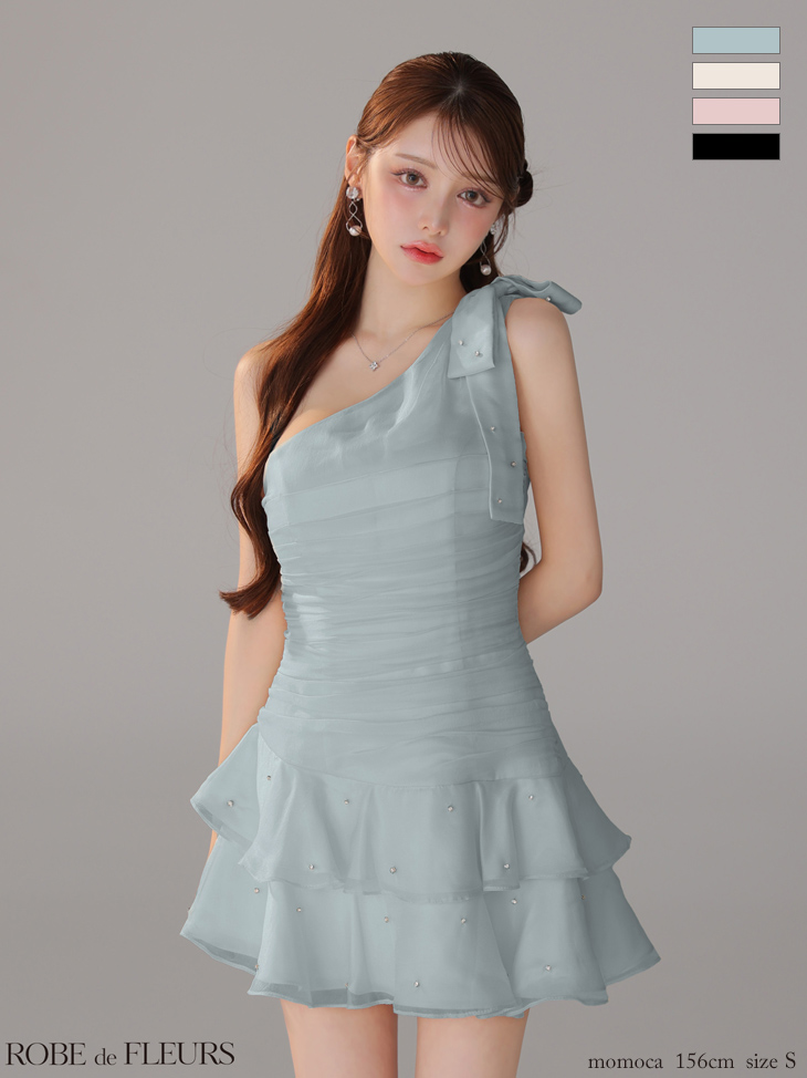 ワンショルダー ビッグリボン ビジュー アシンメトリー フリル ティアードスカート ガーリー フレアミニドレスのイメージ画像3