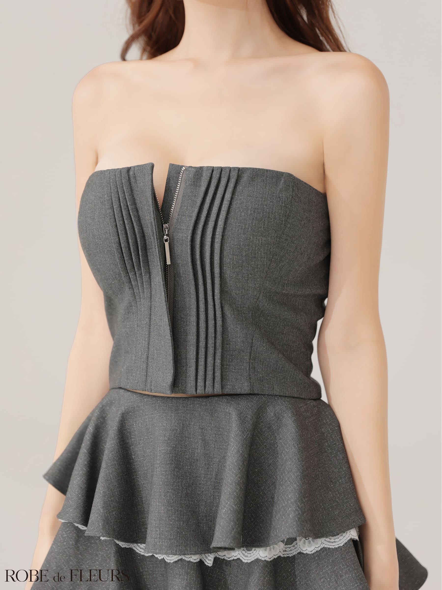 ベアトップ セットアップ ジップデザイン ティアードスカート フリル パイピング フレアミニドレスのイメージ画像5