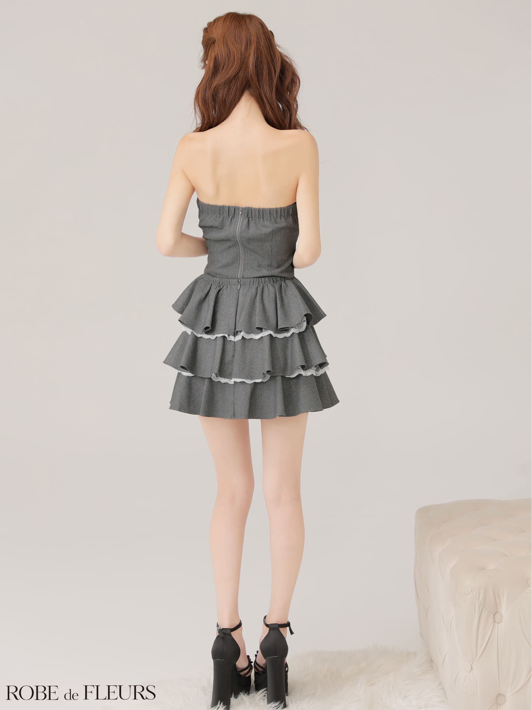 ベアトップ セットアップ ジップデザイン ティアードスカート フリル パイピング フレアミニドレスのイメージ画像3