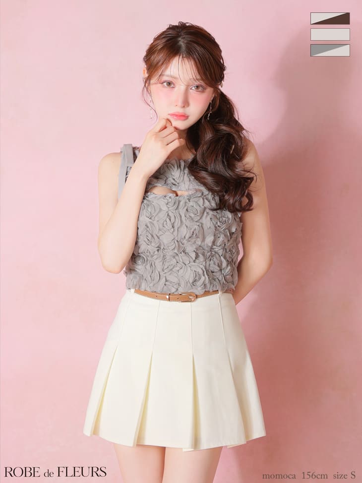 ノースリーブ ショルダーリボン バストカット フラワーレース ウエストベルト セットアップ プリーツスカート フレアミニドレスのイメージ画像3