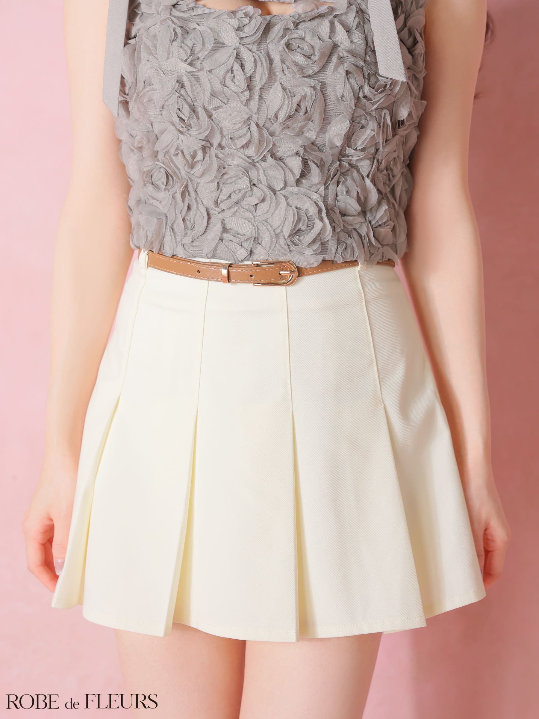 ノースリーブ ショルダーリボン バストカット フラワーレース ウエストベルト セットアップ プリーツスカート フレアミニドレスのイメージ画像8