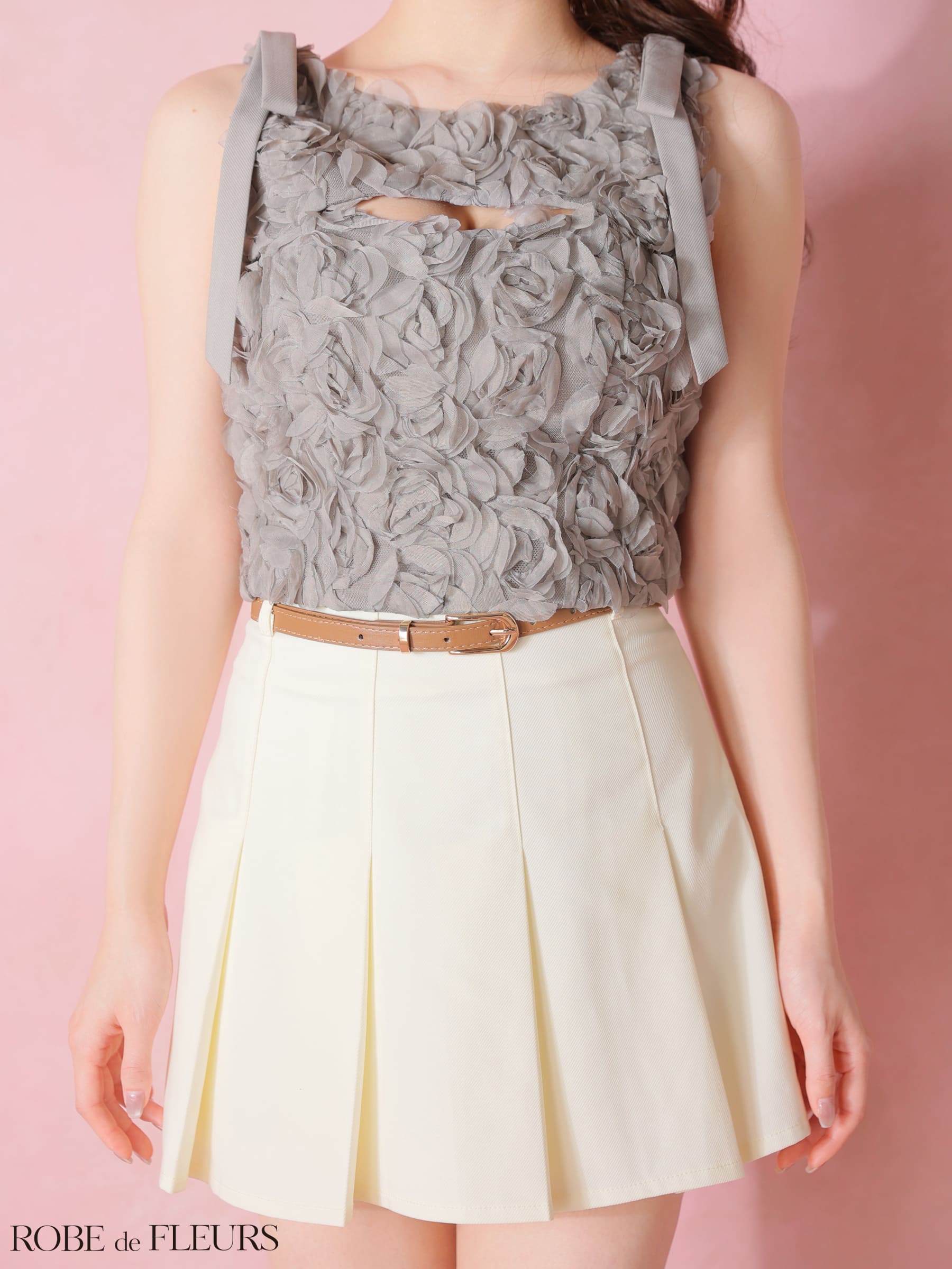 ノースリーブ ショルダーリボン バストカット フラワーレース ウエストベルト セットアップ プリーツスカート フレアミニドレスのイメージ画像4