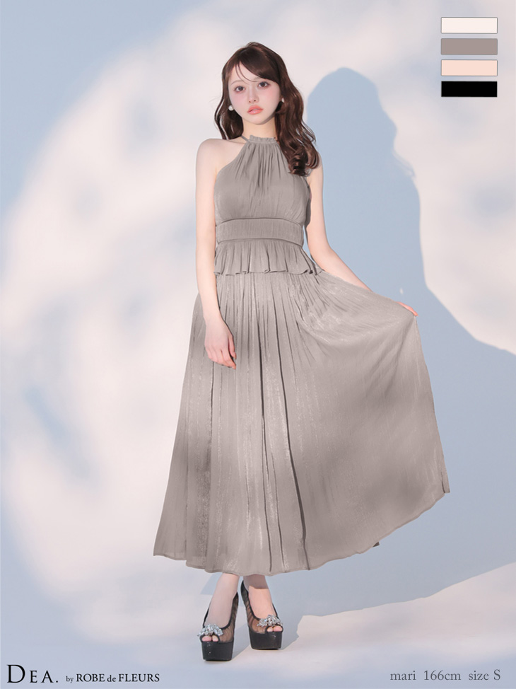 ホルターネック ラメ シフォン プリーツ セットアップ エレガント フレアロングドレスのイメージ画像2