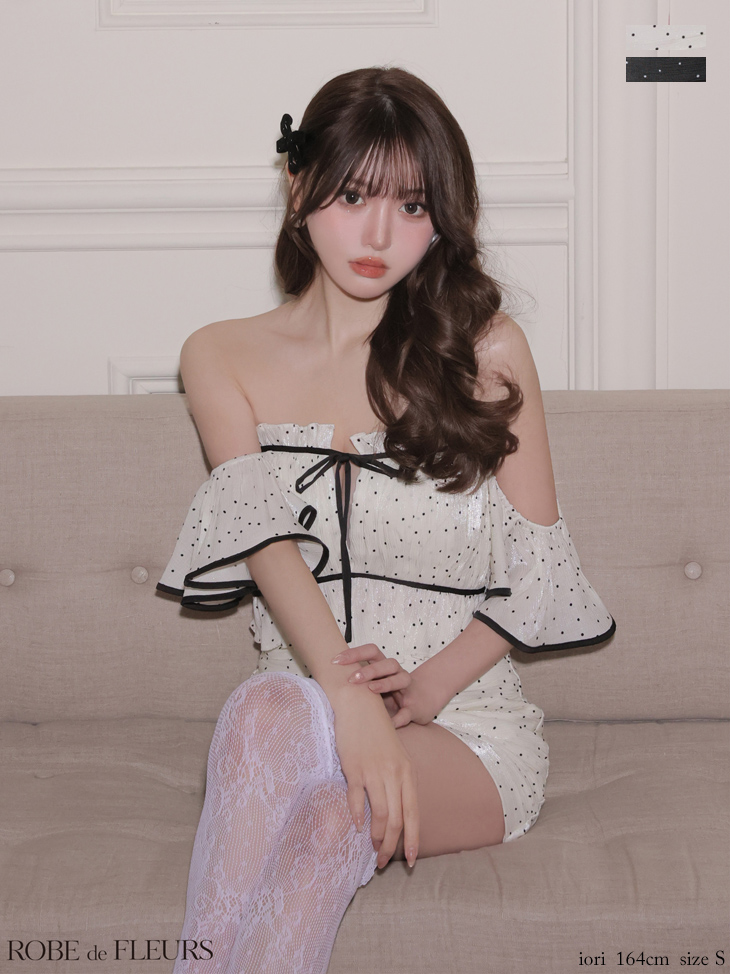 2way オフショルダー 肩あき リボン バストカット ラメシフォン セットアップ ドット柄 タイトミニドレスのイメージ画像1