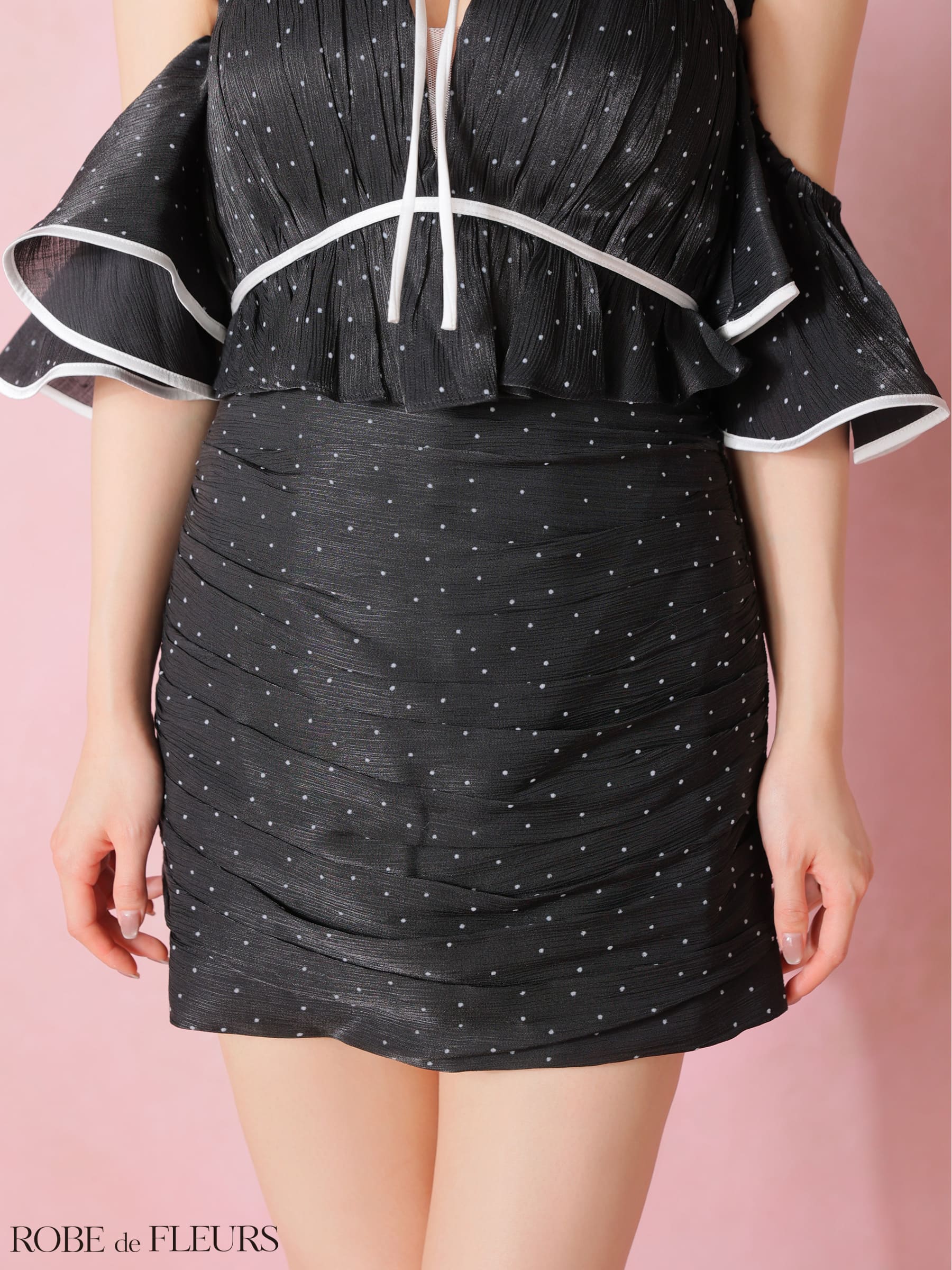 2way オフショルダー 肩あき リボン バストカット ラメシフォン セットアップ ドット柄 タイトミニドレスのイメージ画像7