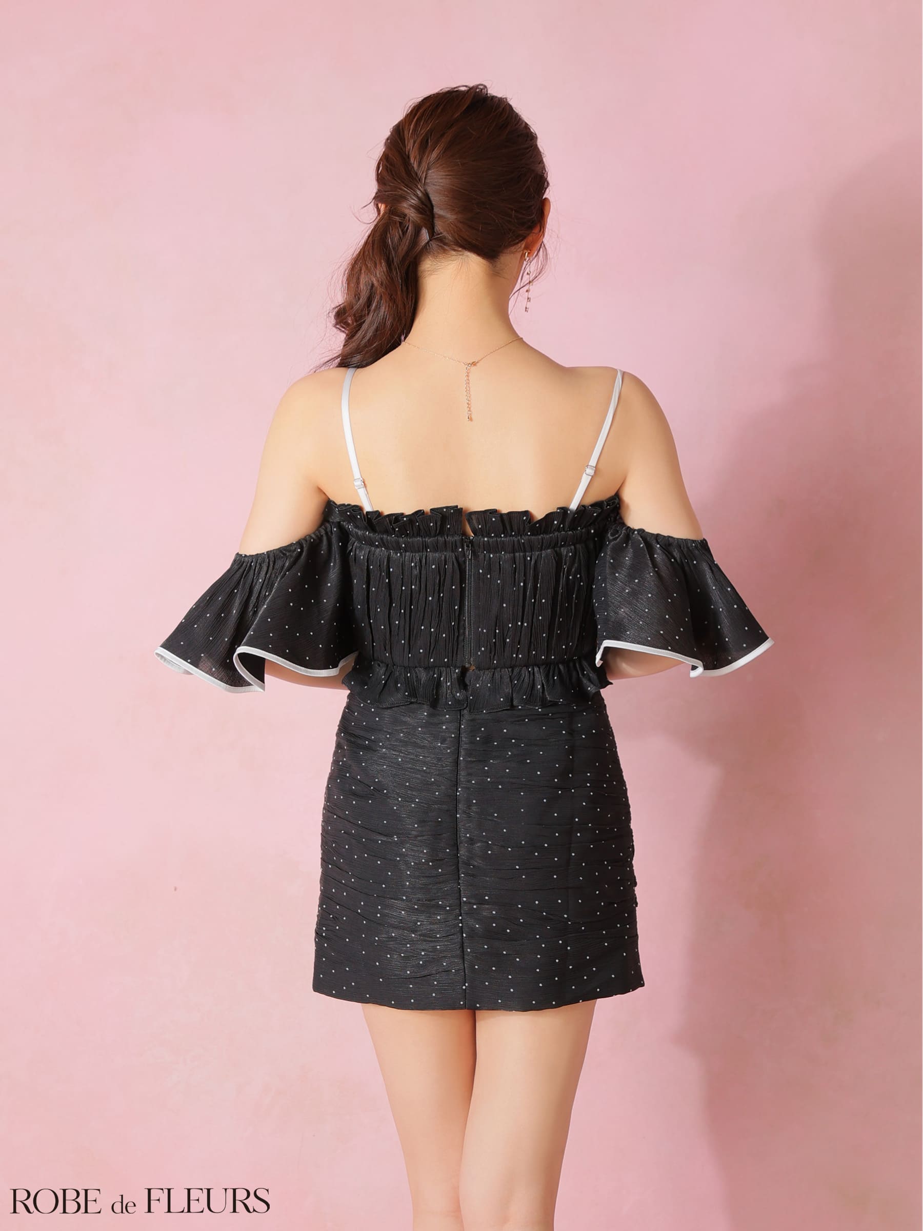 2way オフショルダー 肩あき リボン バストカット ラメシフォン セットアップ ドット柄 タイトミニドレスのイメージ画像4