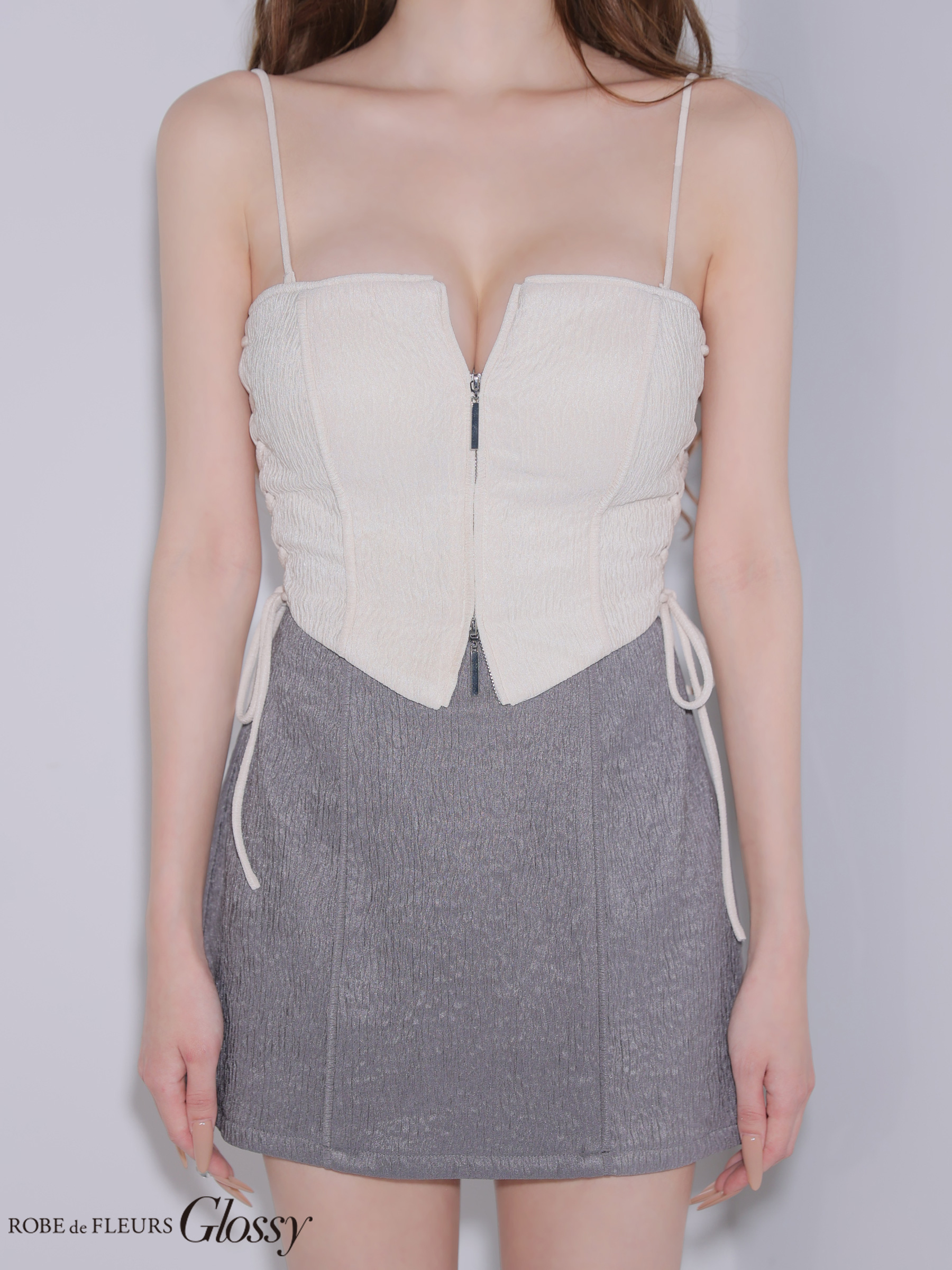 セットアップ バイカラー キャミソール サイドレースアップ ジップデザイン 2way タイトミニドレスのイメージ画像4