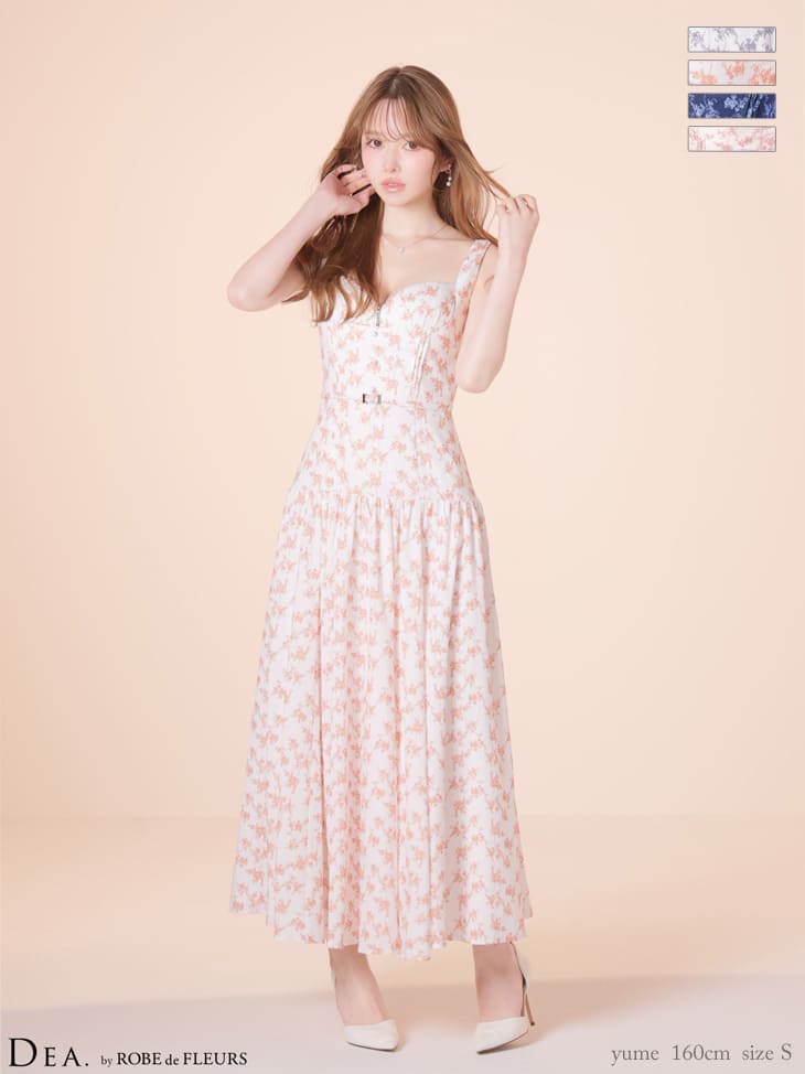 ノースリーブ ハートカット ジップデザイン ウエストベルト ギャザー マットサテン フラワー Aラインロングドレスのイメージ画像2