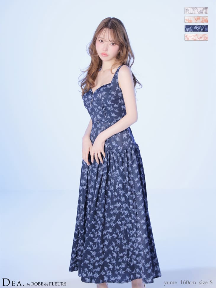 ノースリーブ ハートカット ジップデザイン ウエストベルト ギャザー マットサテン フラワー Aラインロングドレスのイメージ画像3