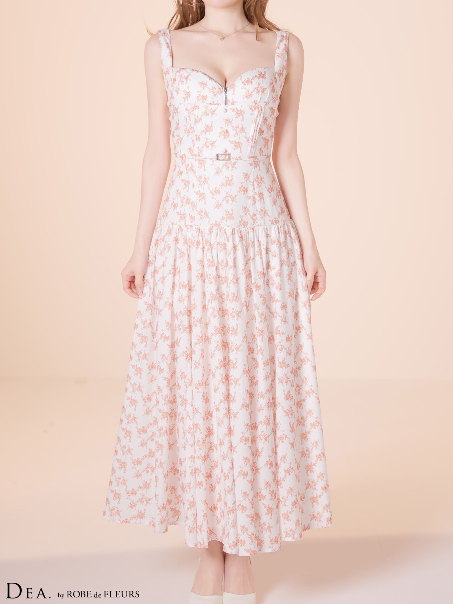 ノースリーブ ハートカット ジップデザイン ウエストベルト ギャザー マットサテン フラワー Aラインロングドレスのイメージ画像5