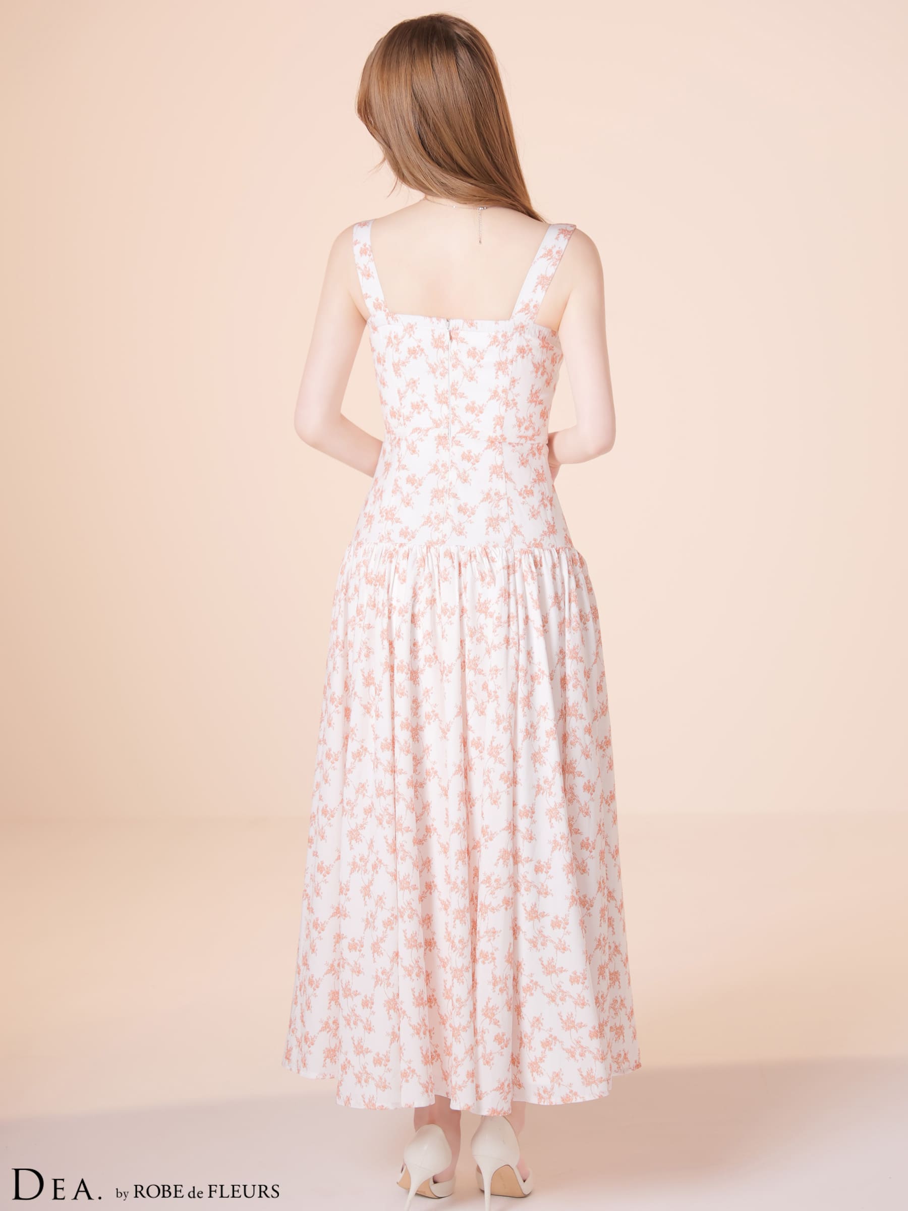 ノースリーブ ハートカット ジップデザイン ウエストベルト ギャザー マットサテン フラワー Aラインロングドレスのイメージ画像6